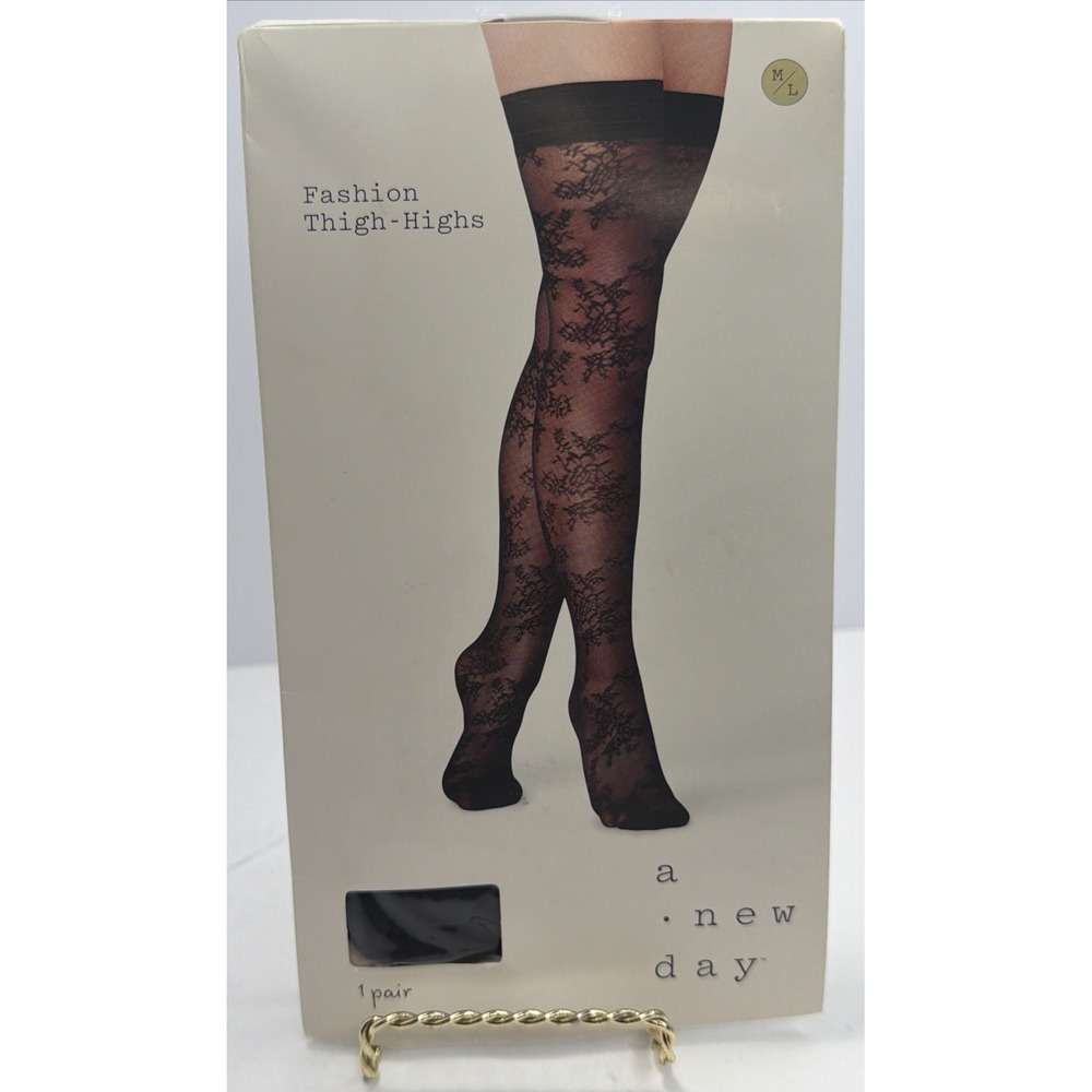 A New Day Black Floral Mesh Thigh Highs Size M/L, NWT